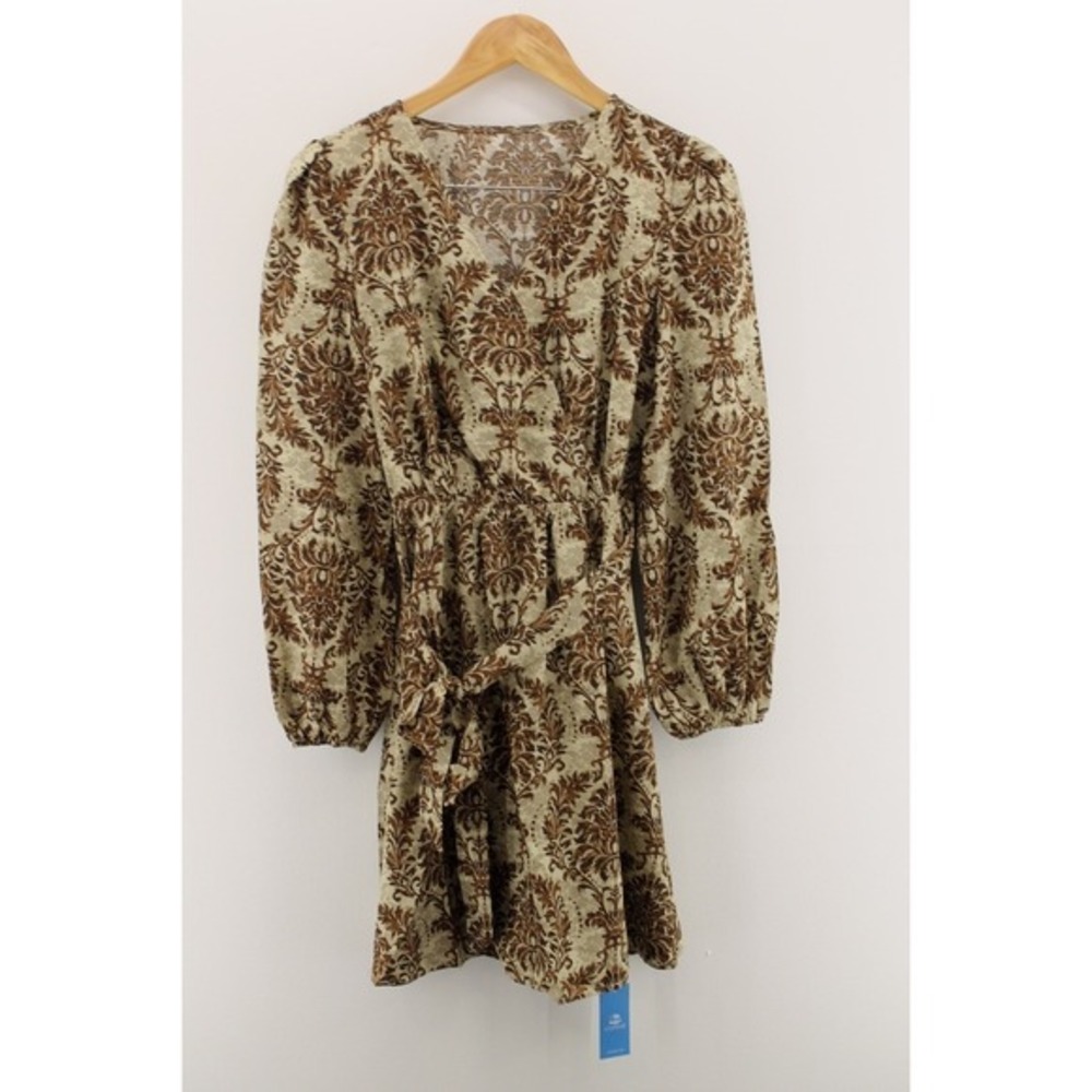 NEW Cupshe Paisley Damask Mini Dress Flowy Lightweight Brown‎ Long Sleeve M